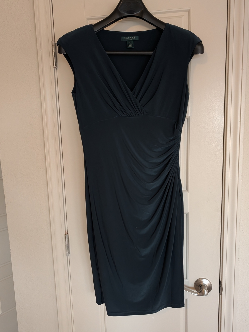 Ralph Lauren Sleeveless Forest Green Ruched V-Neck Dress